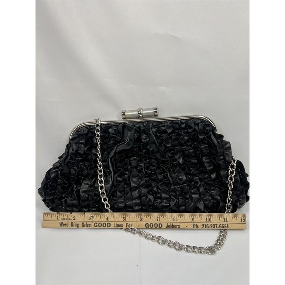 Ruffle Black￼ Purse Shoulder Bag Strap Silver Chain Ruffle Accent - Picture 2 of 8